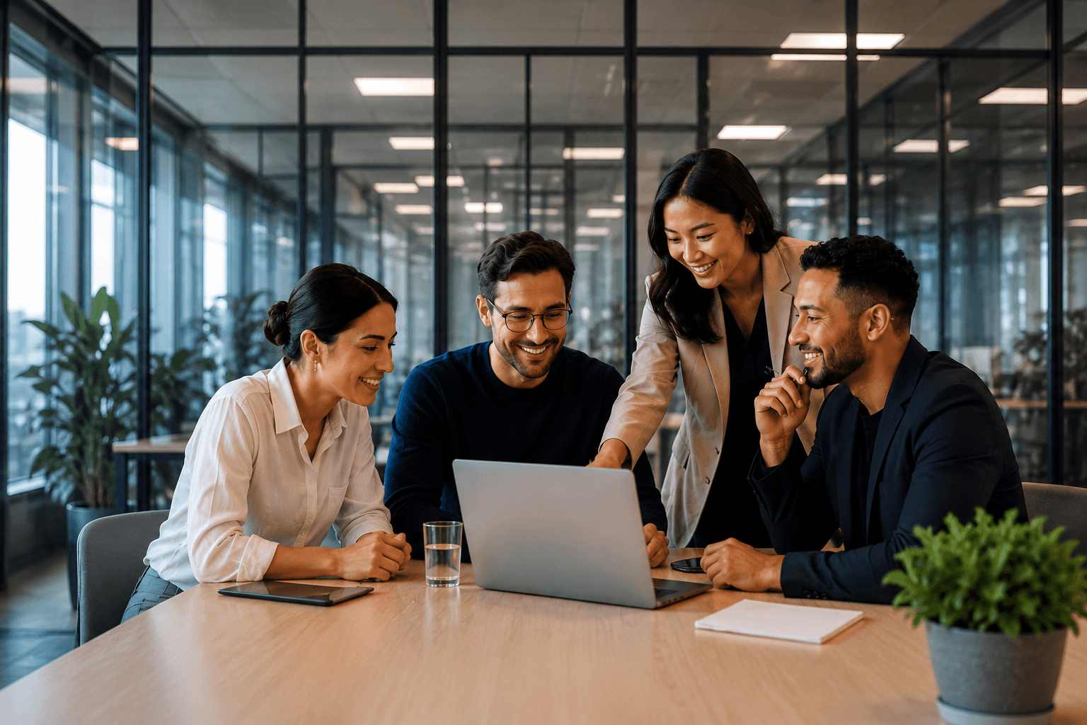 Equipo de liderazgo Stimulo colaborando en una oficina